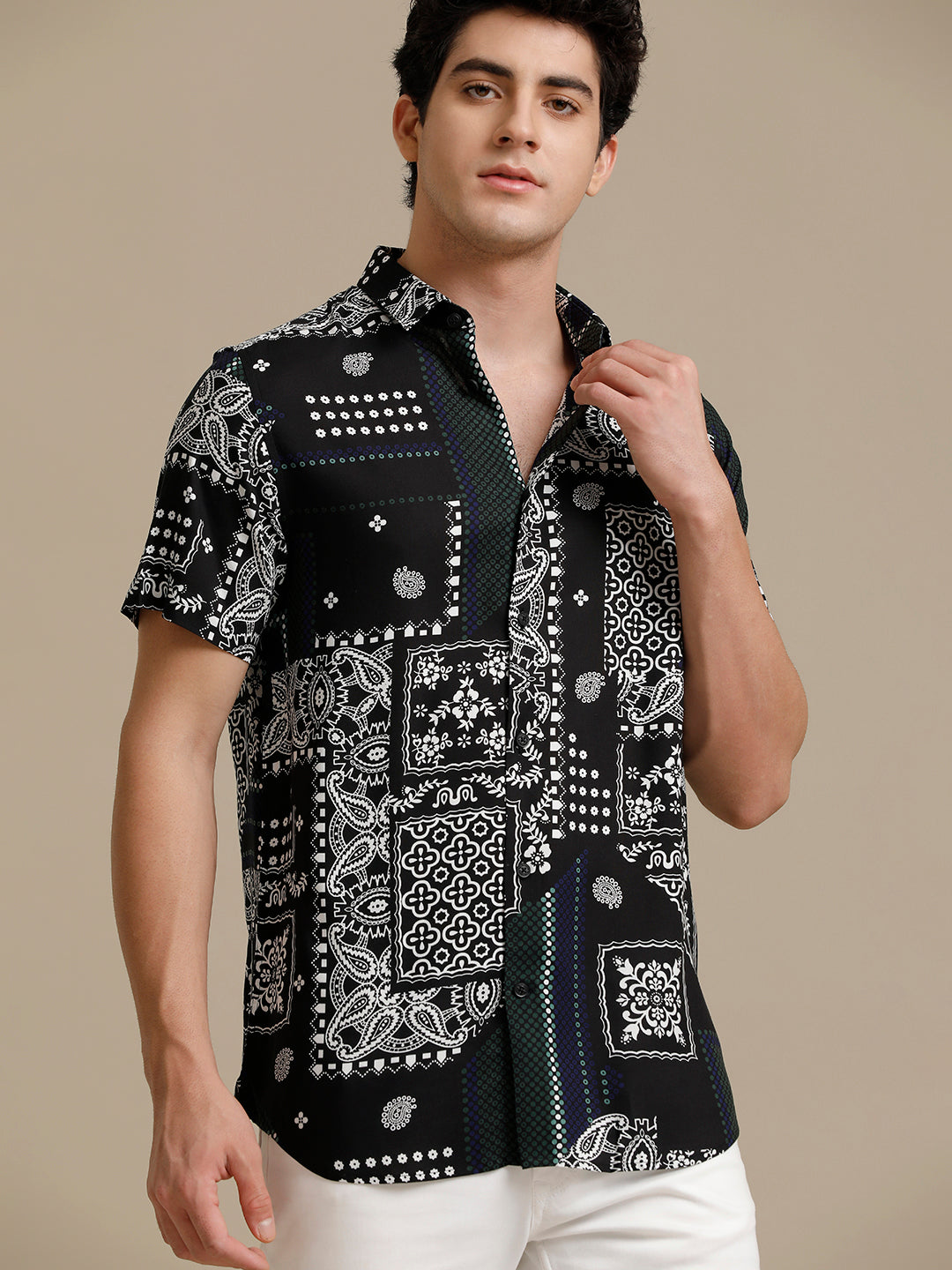 White On Black Print Short Sleeve Shirt