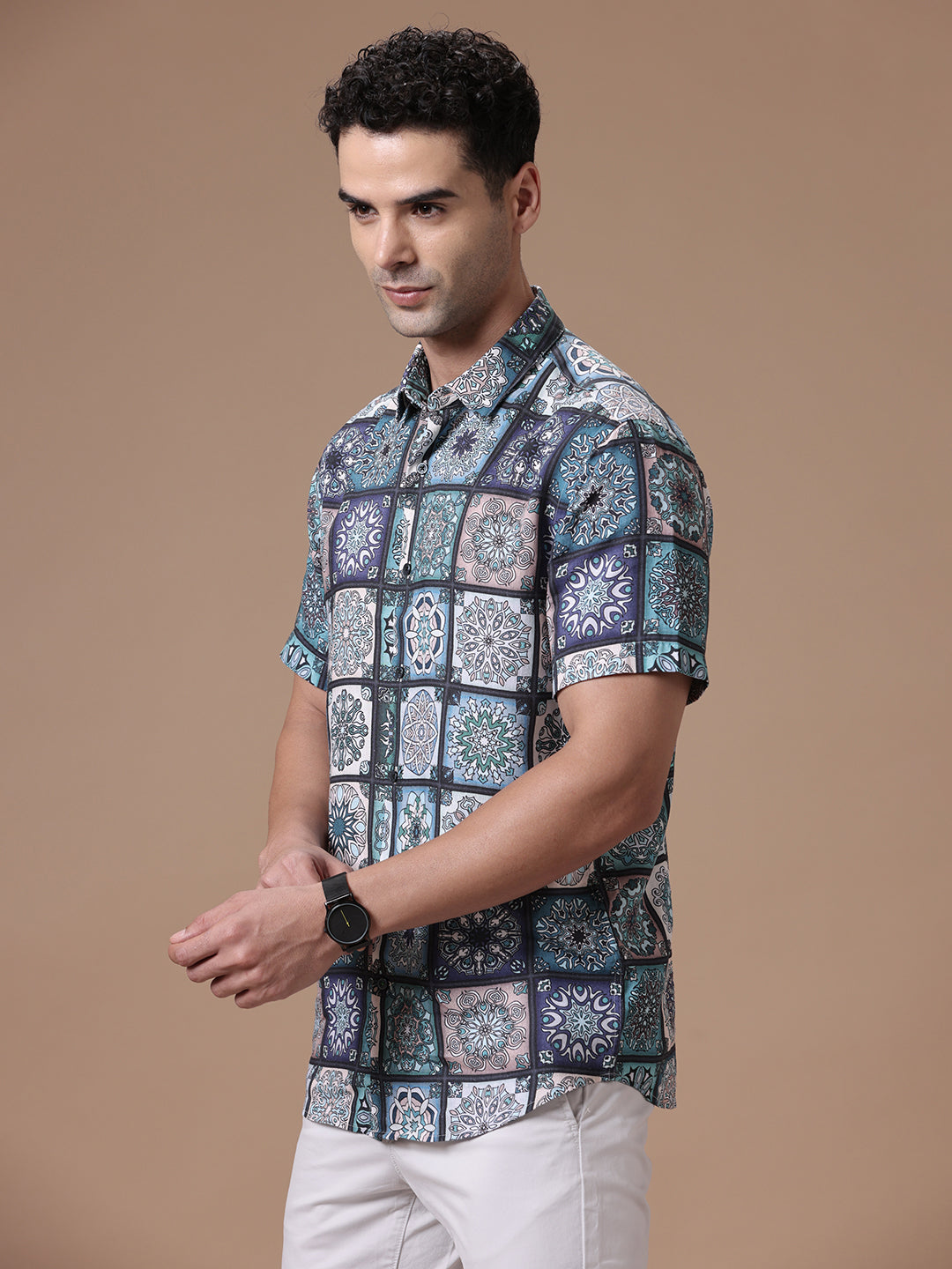 Comfort fit Printed Green Smart casual Tencel Linen Half sleeve Shirt (ASUS)