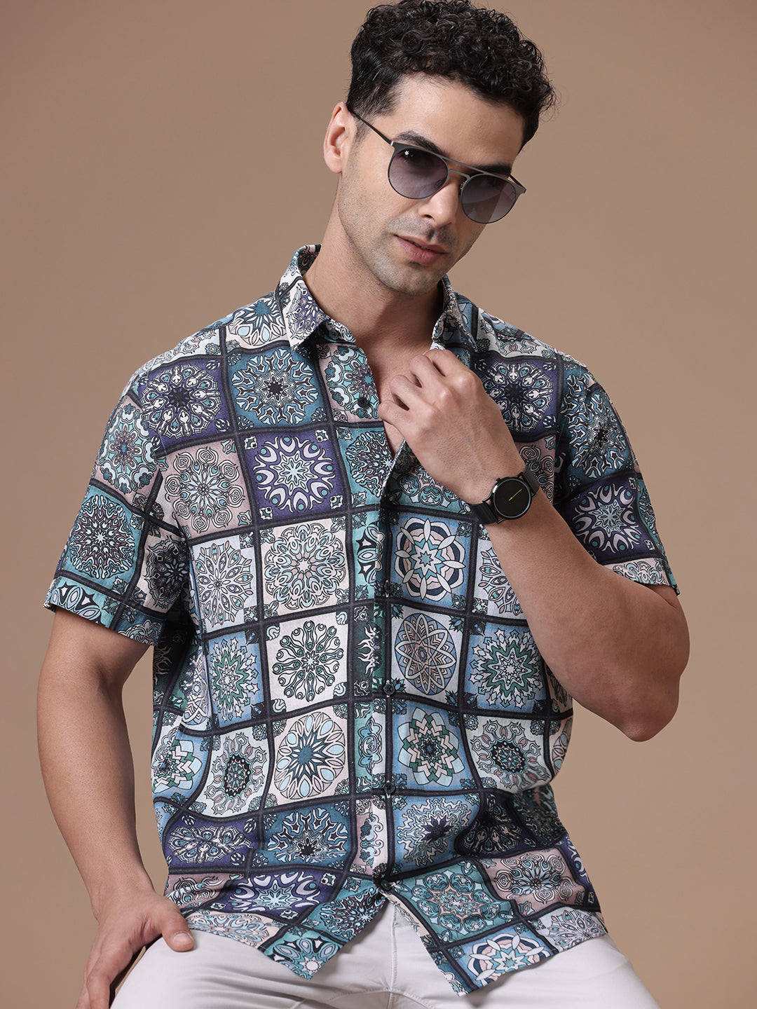 Comfort fit Printed Green Smart casual Tencel Linen Half sleeve Shirt (ASUS)