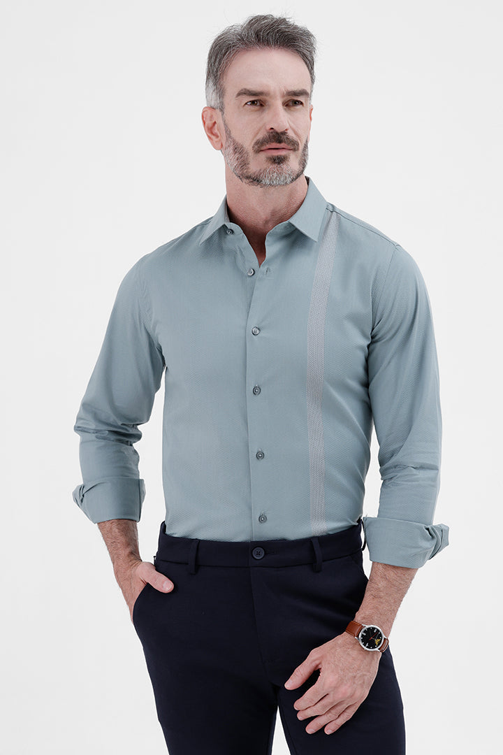 LT GREEN COTTON 
PLACEMENT STRIPE SHIRT