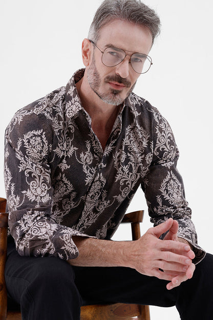 BROWN DAMASK COTTON LINEN PRINT SHIRT