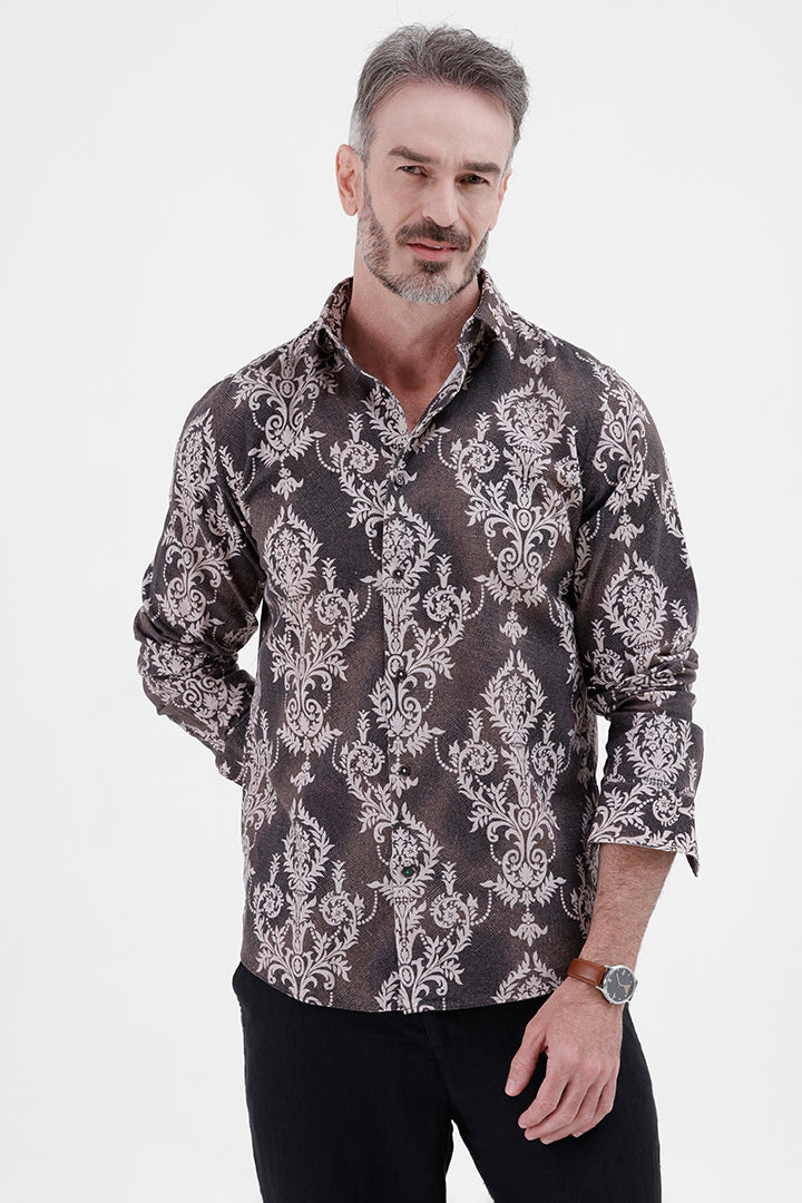 BROWN DAMASK COTTON LINEN PRINT SHIRT