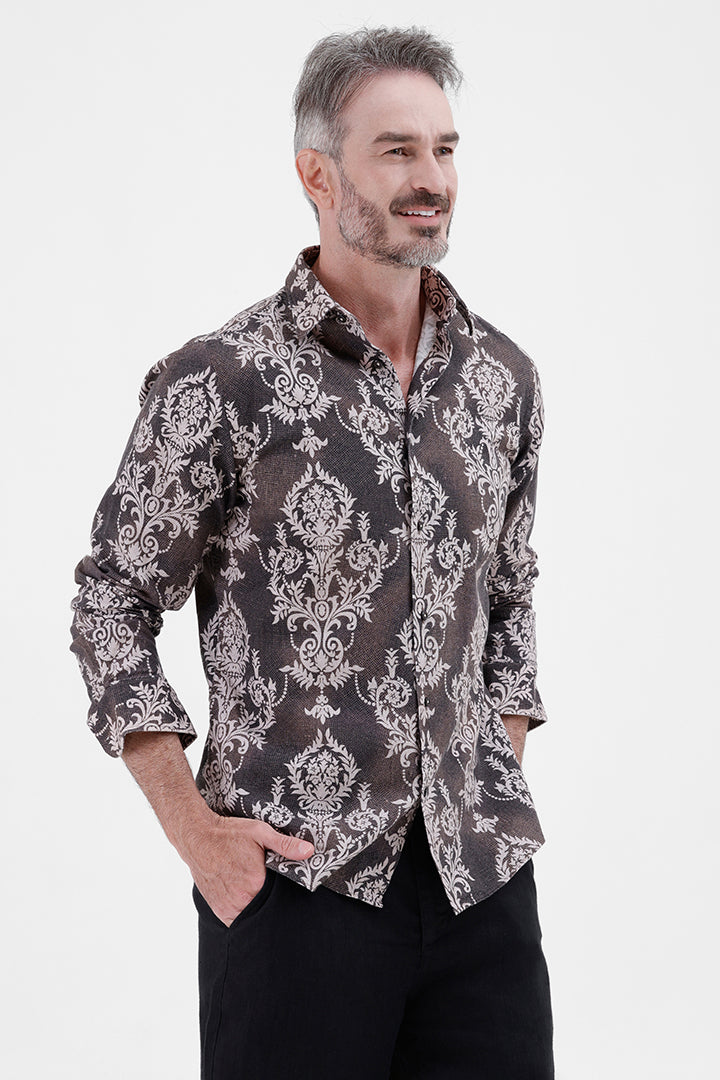 BROWN DAMASK COTTON LINEN PRINT SHIRT