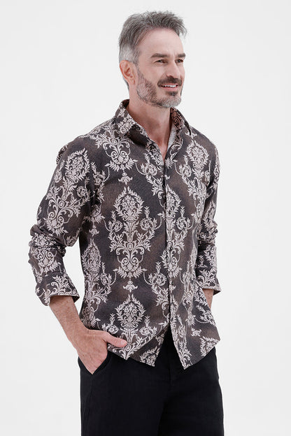BROWN DAMASK COTTON LINEN PRINT SHIRT