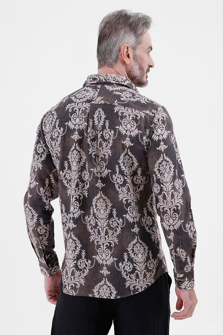 BROWN DAMASK COTTON LINEN PRINT SHIRT