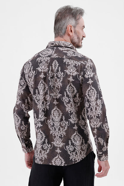 BROWN DAMASK COTTON LINEN PRINT SHIRT