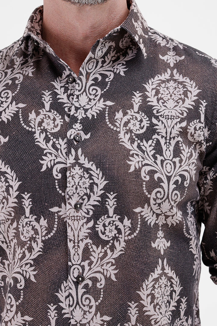 BROWN DAMASK COTTON LINEN PRINT SHIRT