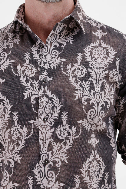 BROWN DAMASK COTTON LINEN PRINT SHIRT