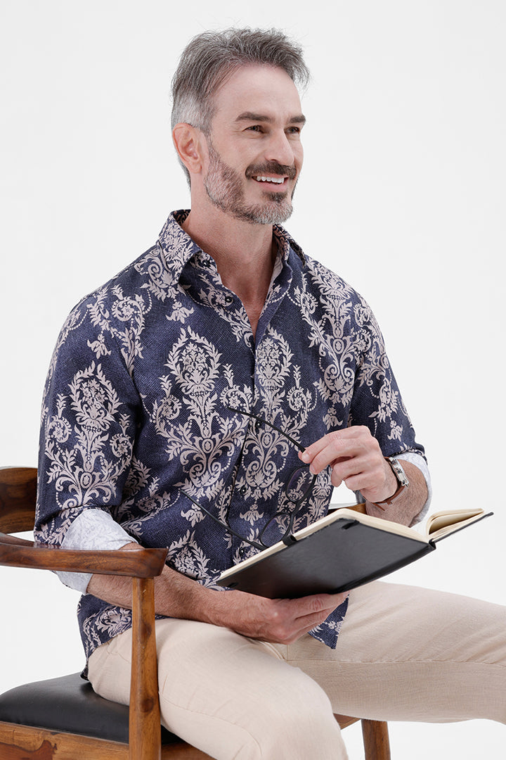 NAVY DAMASK COTTON LINEN PRINT SHIRT