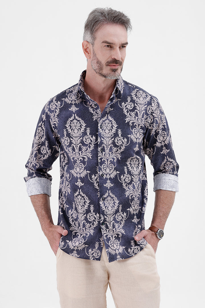 NAVY DAMASK COTTON LINEN PRINT SHIRT