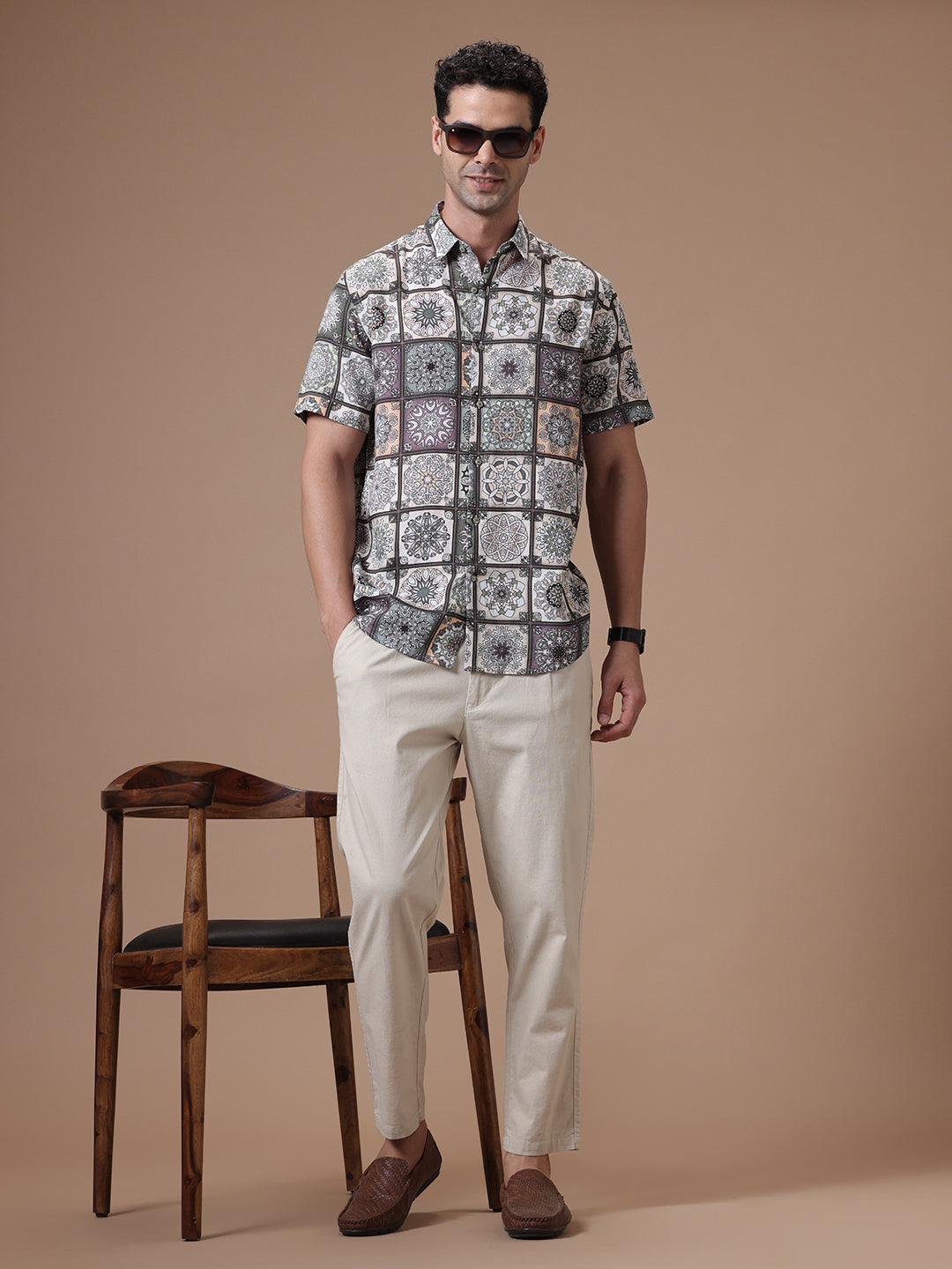 Comfort fit Printed Olive Smart casual Tencel Linen Half sleeve Shirt (FRANKLIN)