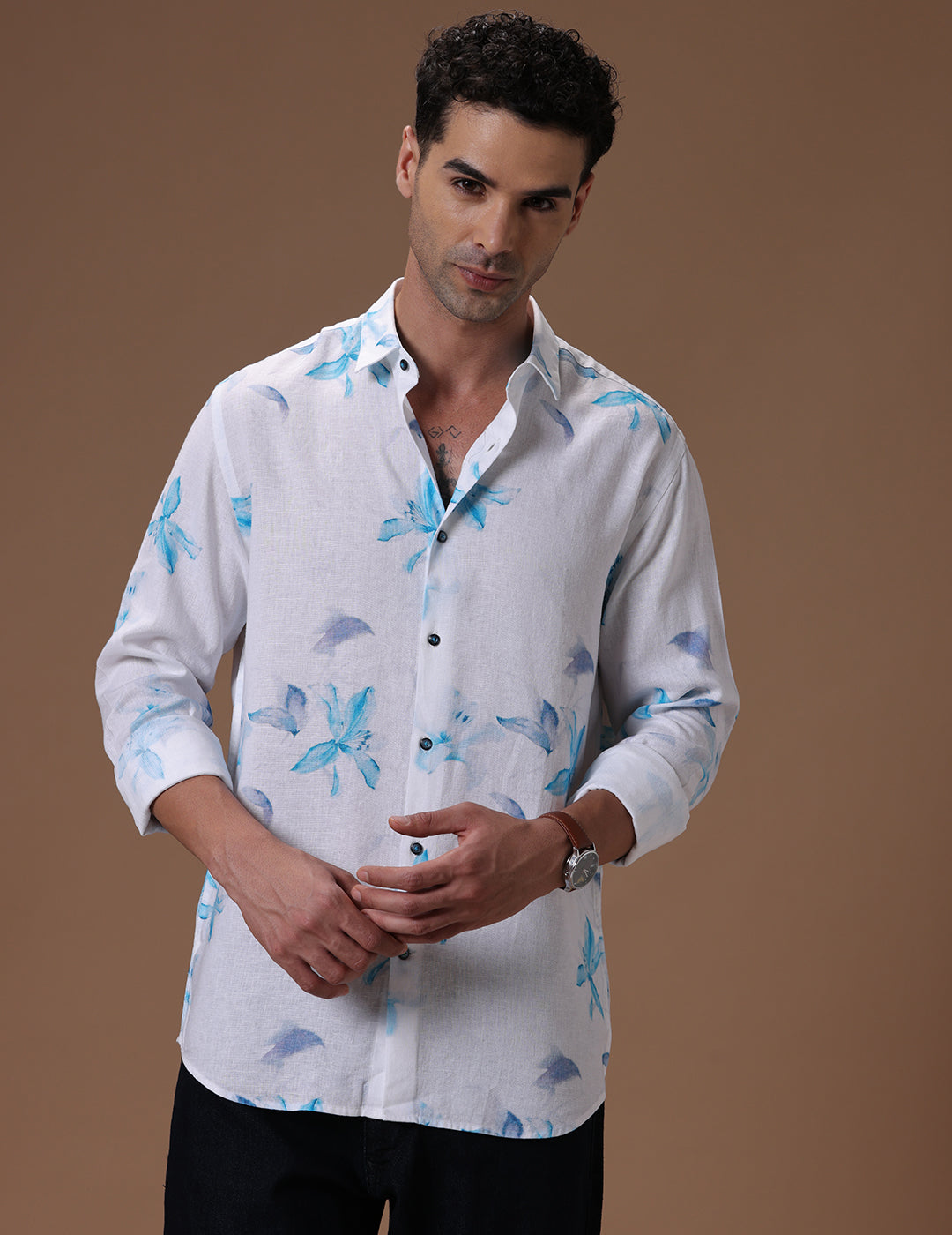 Comfort fit Printed White Smart casual Tencel Linen Full sleeve Shirt (FRANKO)