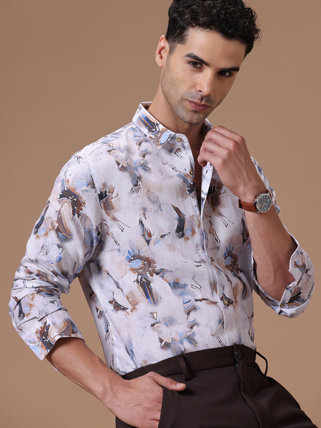 Comfort Fit Floral Print Smart Casual Wear Tencel Linen Full sleeve Shirt (FROST)