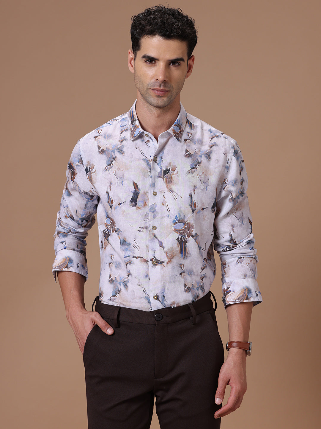 Comfort Fit Floral Print Smart Casual Wear Tencel Linen Full sleeve Shirt (FROST)