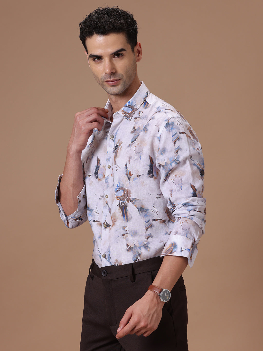 Comfort Fit Floral Print Smart Casual Wear Tencel Linen Full sleeve Shirt (FROST)