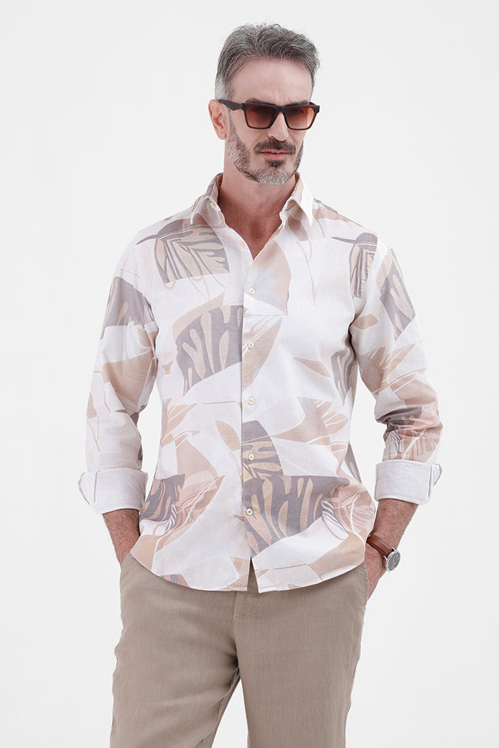 BEIGE ABSTRACT COTTON LINEN PRINT SHIRT