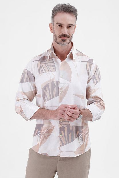 BEIGE ABSTRACT COTTON LINEN PRINT SHIRT