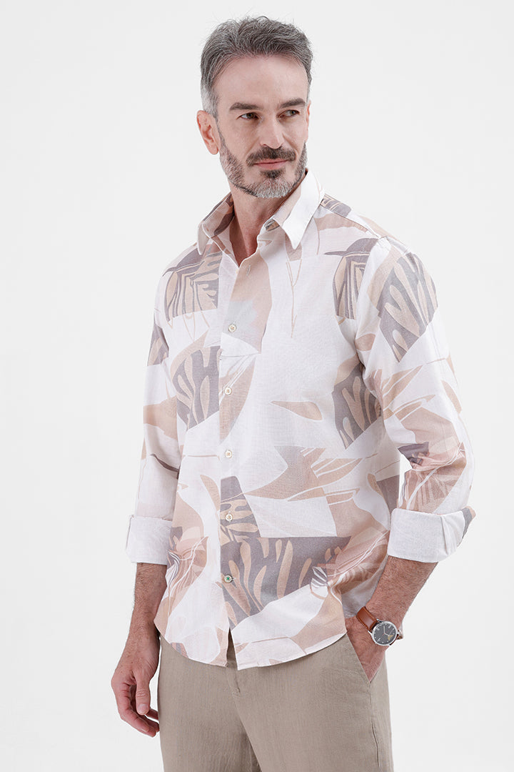 BEIGE ABSTRACT COTTON LINEN PRINT SHIRT