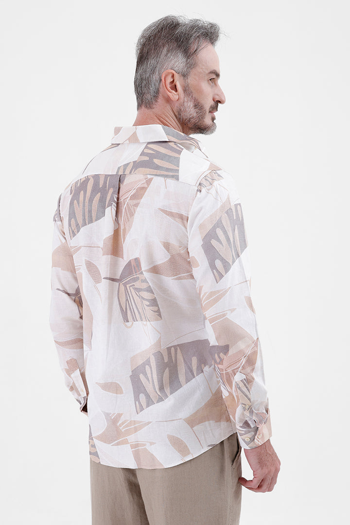 BEIGE ABSTRACT COTTON LINEN PRINT SHIRT