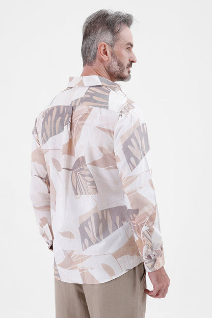 BEIGE ABSTRACT COTTON LINEN PRINT SHIRT