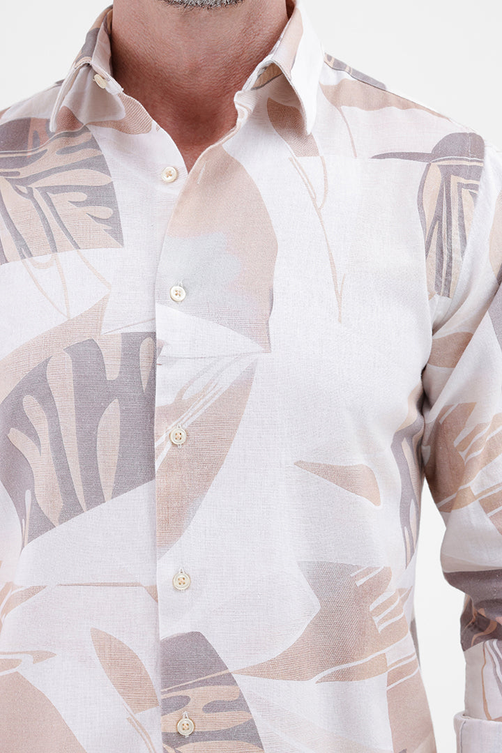 BEIGE ABSTRACT COTTON LINEN PRINT SHIRT