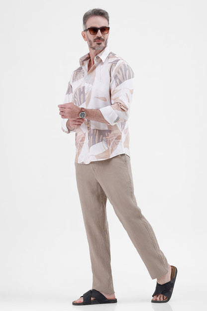 BEIGE ABSTRACT COTTON LINEN PRINT SHIRT