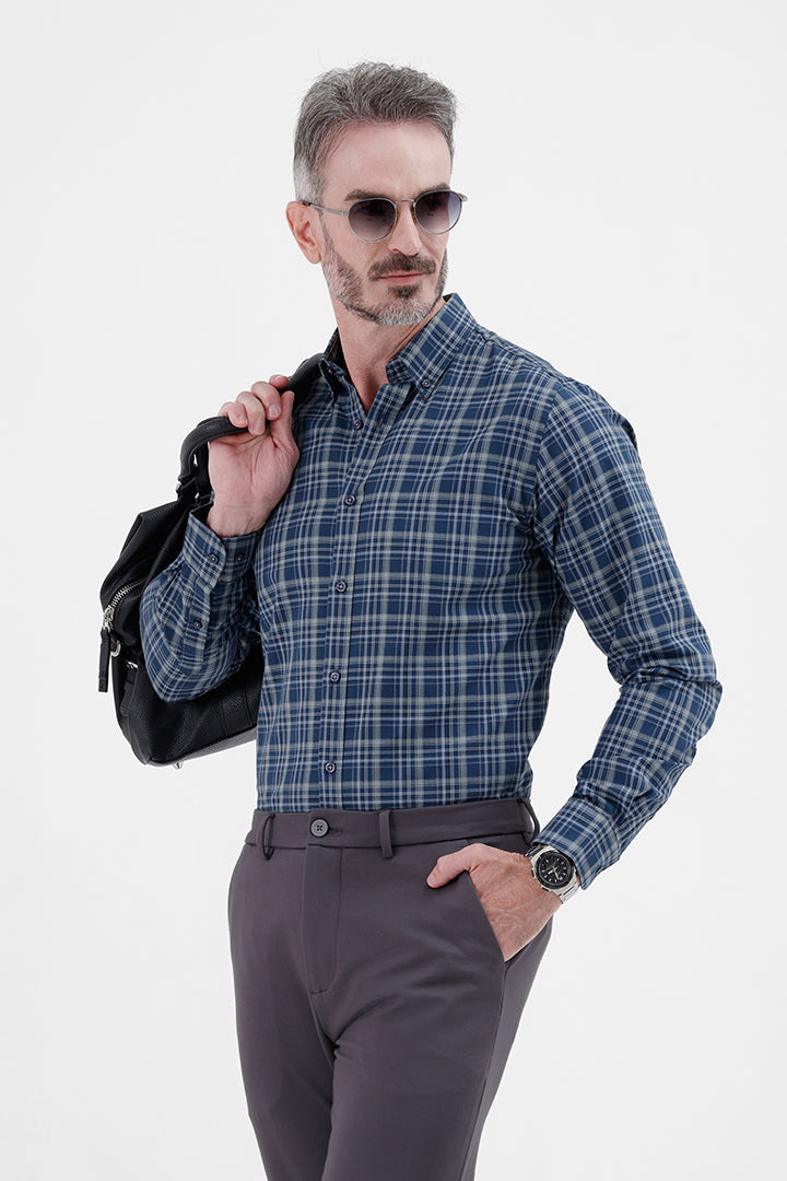 STEEL BLUE COTTON CHECK SHIRT