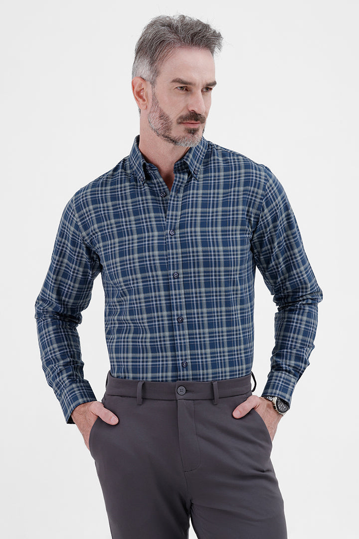 STEEL BLUE COTTON CHECK SHIRT