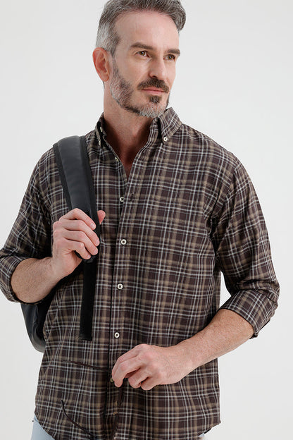 WALNUT BROWN COTTON CHECK SHIRT