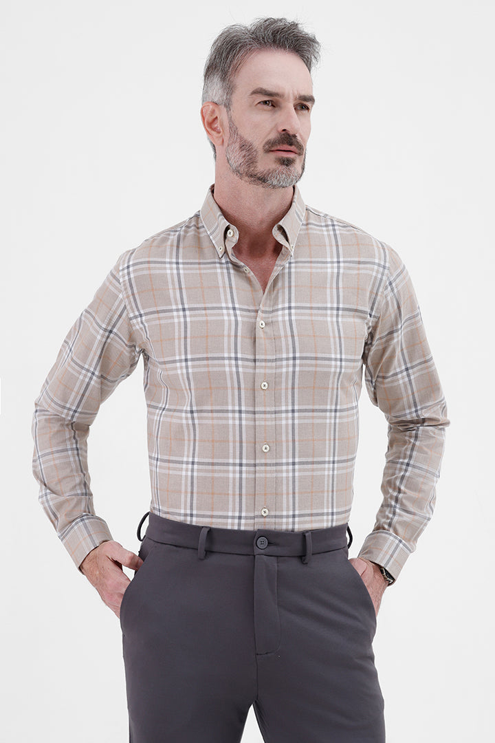 BEIGE MELANGE COTTON CHECK SHIRT