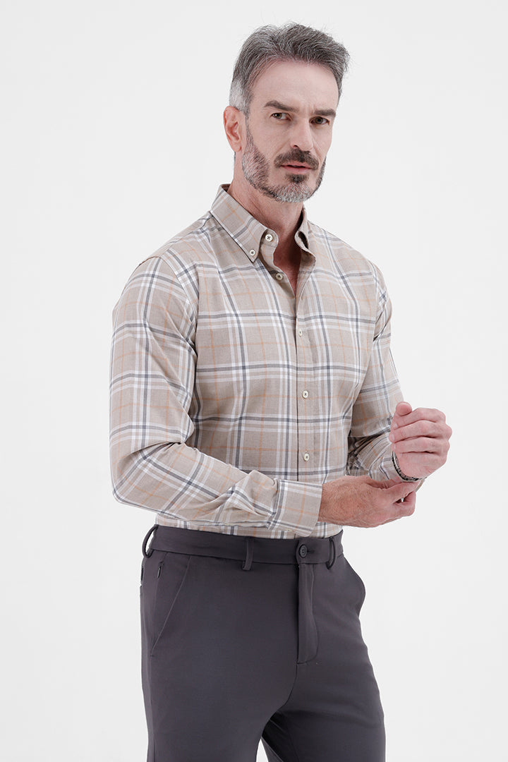 BEIGE MELANGE COTTON CHECK SHIRT