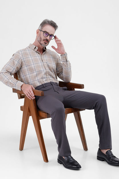 BEIGE MELANGE COTTON CHECK SHIRT
