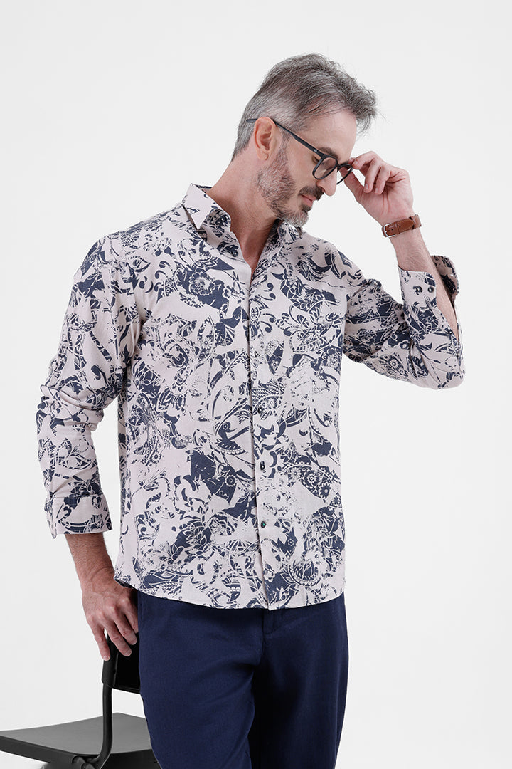 BLUE ABSTRATC COTTON LINEN PRINT SHIRT