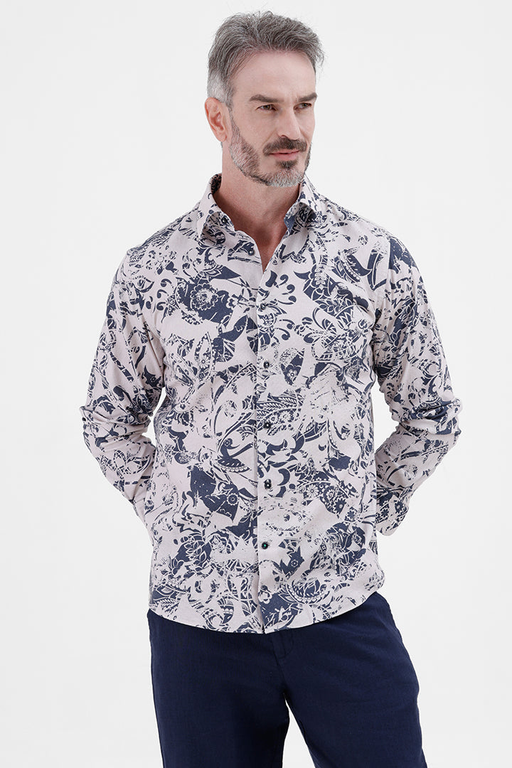 BLUE ABSTRATC COTTON LINEN PRINT SHIRT