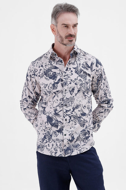 BLUE ABSTRATC COTTON LINEN PRINT SHIRT