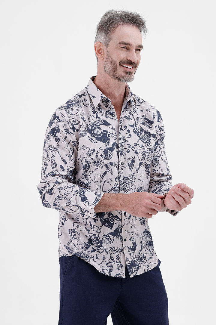 BLUE ABSTRATC COTTON LINEN PRINT SHIRT