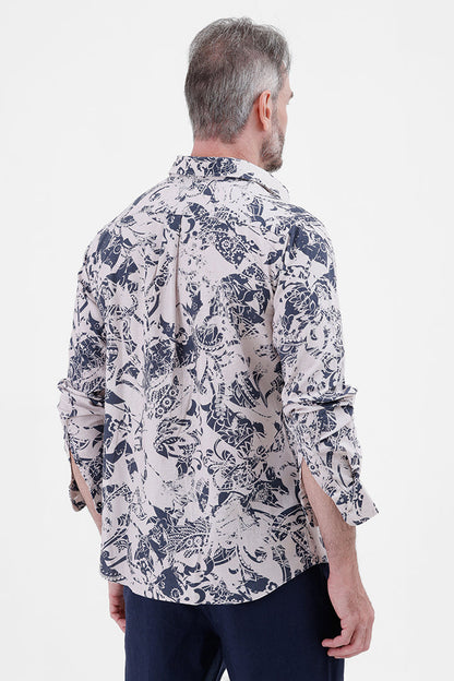 BLUE ABSTRATC COTTON LINEN PRINT SHIRT