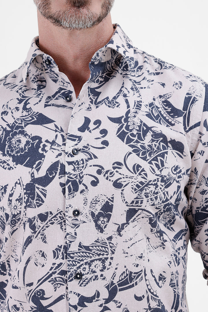 BLUE ABSTRATC COTTON LINEN PRINT SHIRT