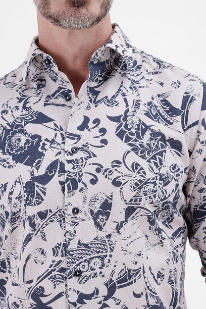 BLUE ABSTRATC COTTON LINEN PRINT SHIRT