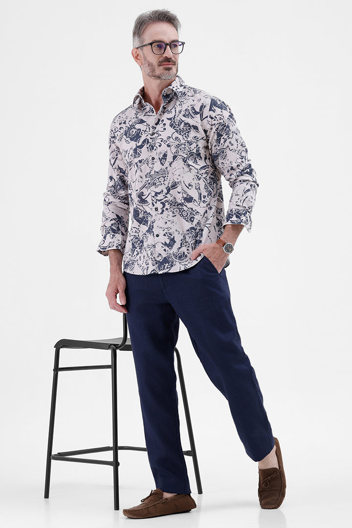 BLUE ABSTRATC COTTON LINEN PRINT SHIRT