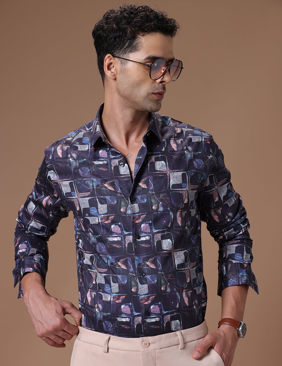 Slim fit Navy print Smart casual wear 100% cotton Full sleeve Shirt (MWAKI)