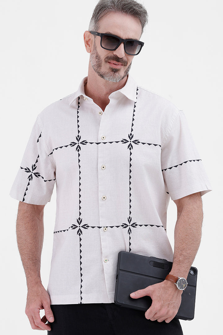 BEIGE GEOMETRIC
COTTON LINEN PRINT SHIRT