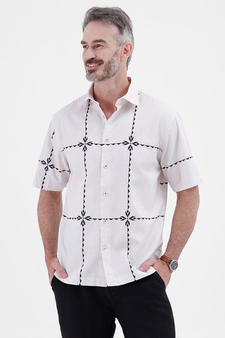 BEIGE GEOMETRIC
COTTON LINEN PRINT SHIRT