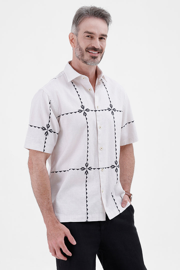 BEIGE GEOMETRIC
COTTON LINEN PRINT SHIRT