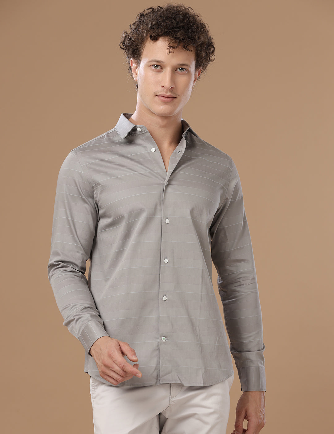 Slim Fit Horizontal Striped Lavender Grey Smart Frormal/Casual Cotton Shirt (PONTING)