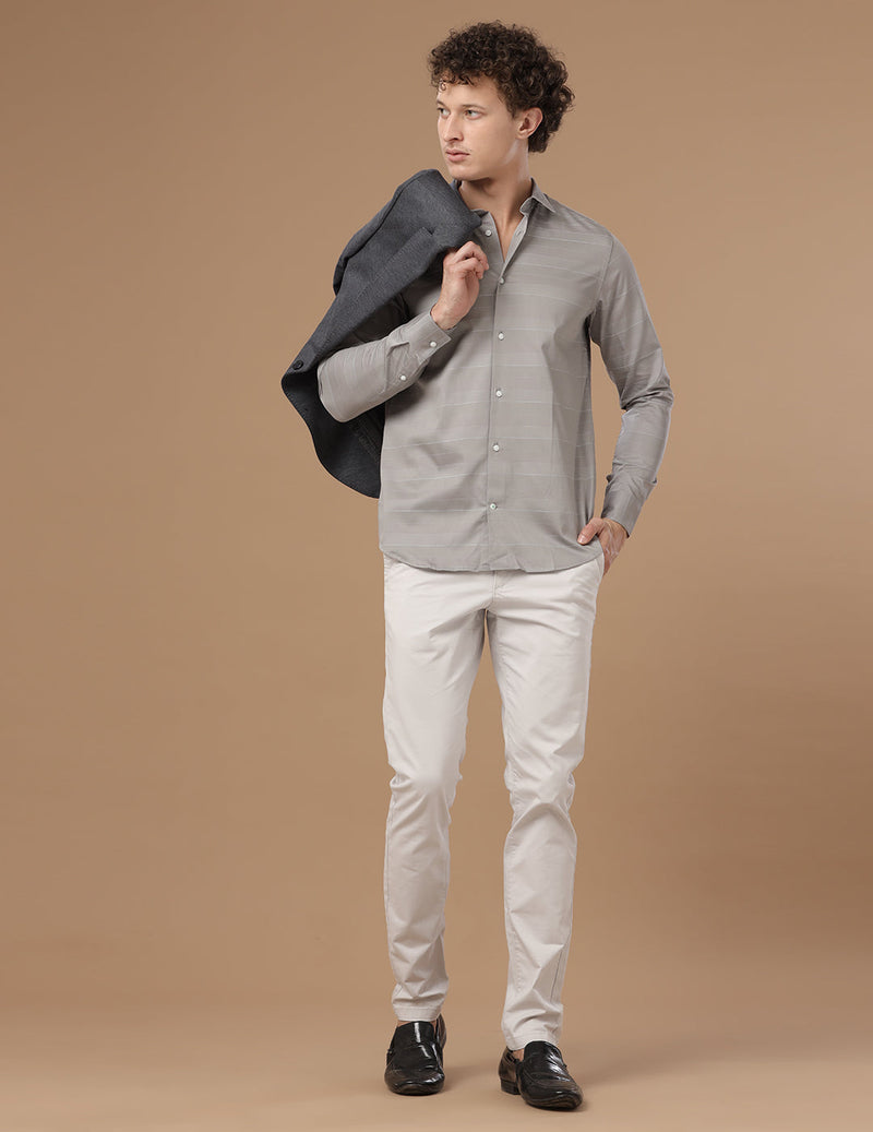 Slim Fit Horizontal Striped Lavender Grey Smart Frormal/Casual Cotton Shirt (PONTING)