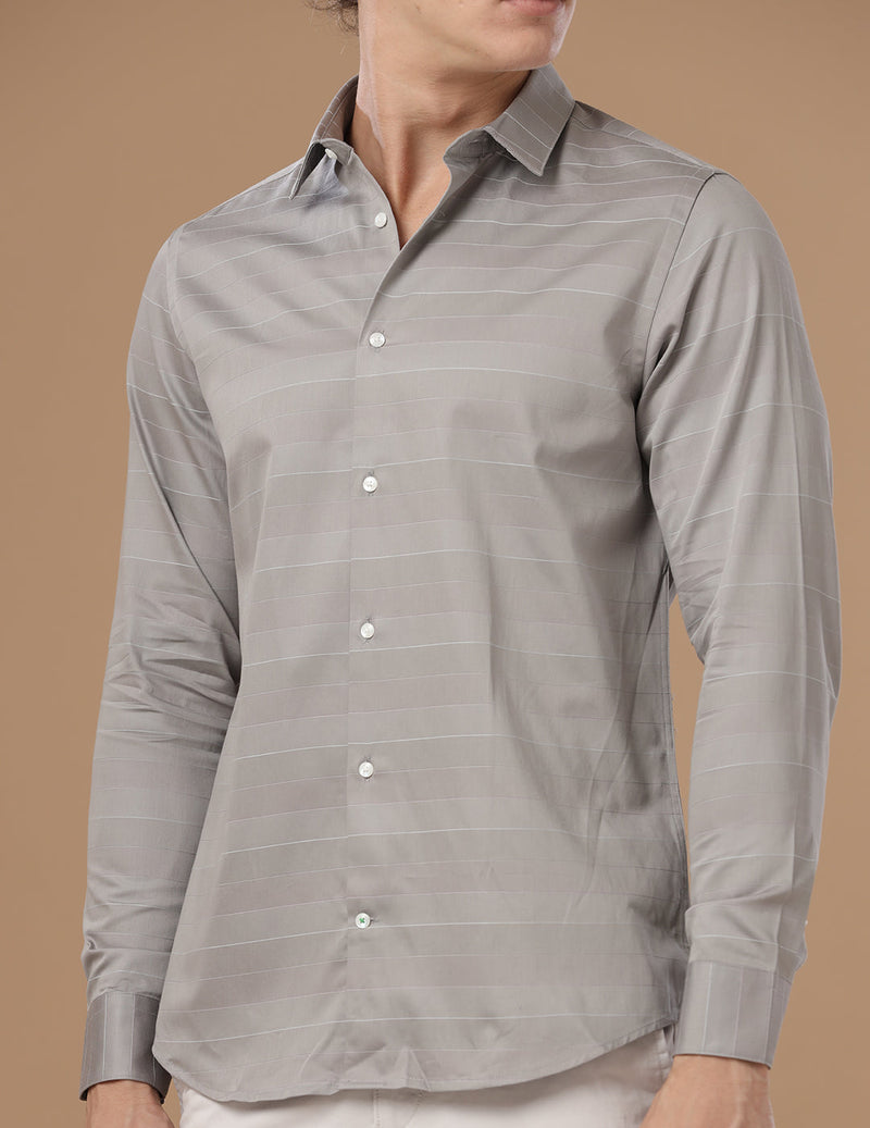 Slim Fit Horizontal Striped Lavender Grey Smart Frormal/Casual Cotton Shirt (PONTING)