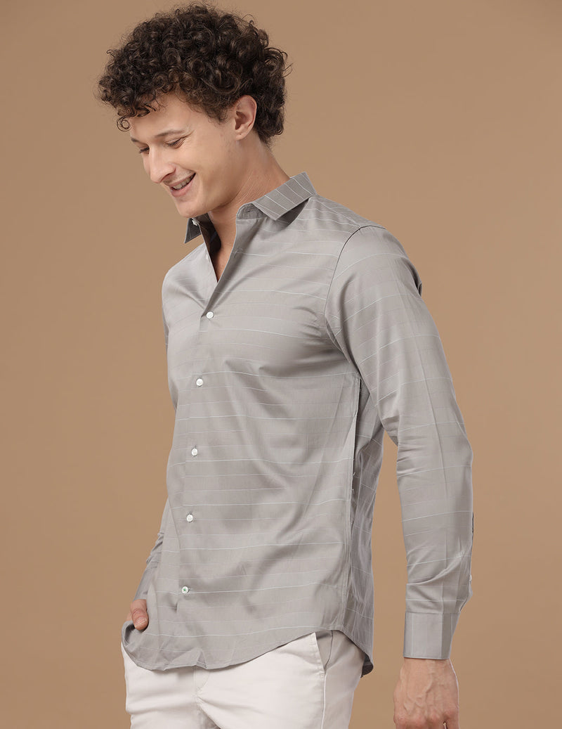 Slim Fit Horizontal Striped Lavender Grey Smart Frormal/Casual Cotton Shirt (PONTING)
