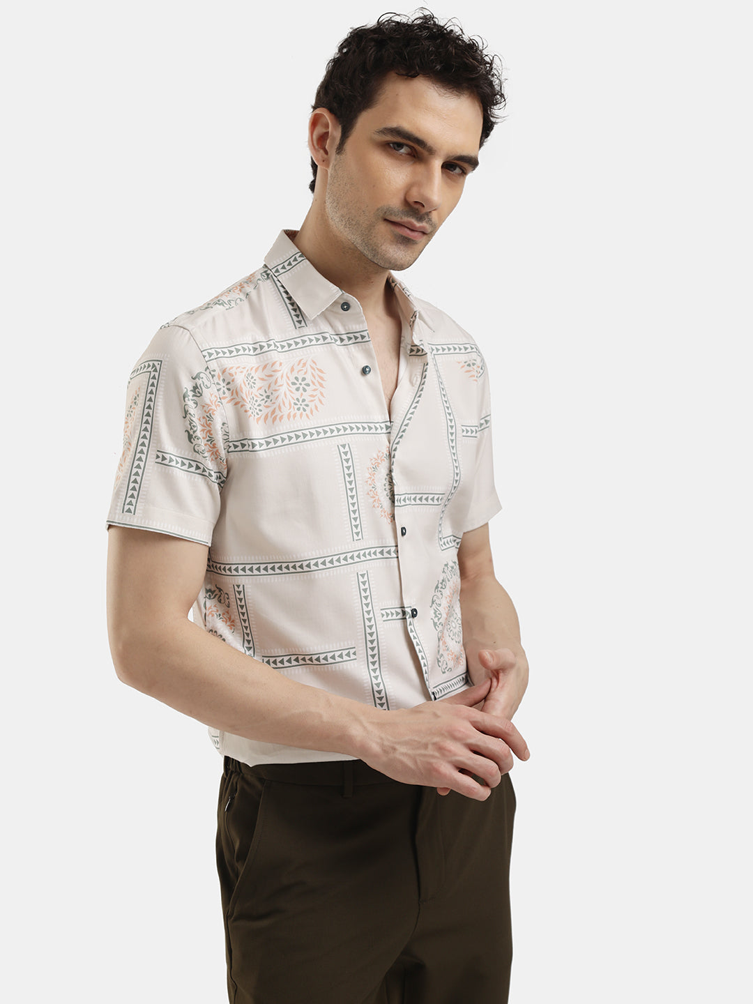 ABSTRACT PRINT CREAM SHORT SLEEVES SHIRT