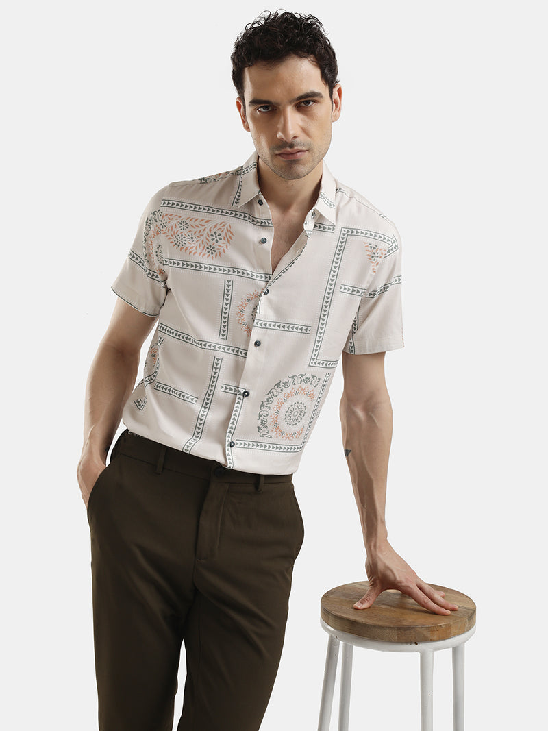 ABSTRACT PRINT CREAM SHORT SLEEVES SHIRT
